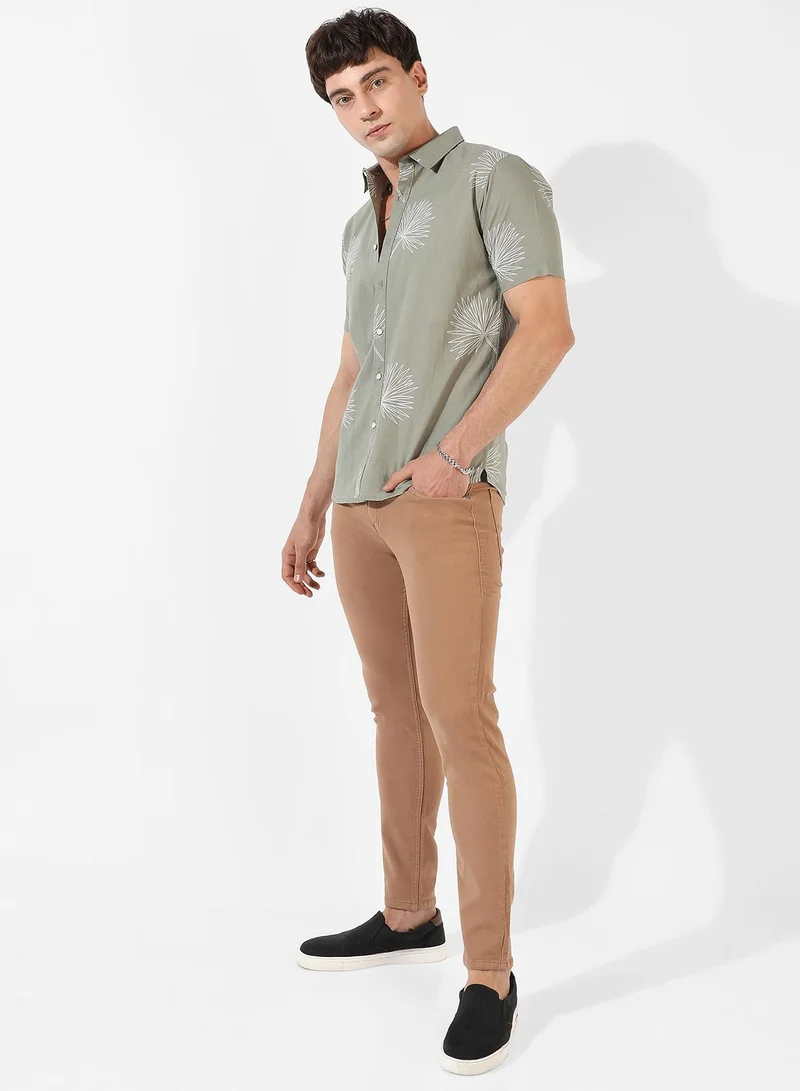 Campus Sutra Men's Sage Green Printed Regular Fit Casual Shirt