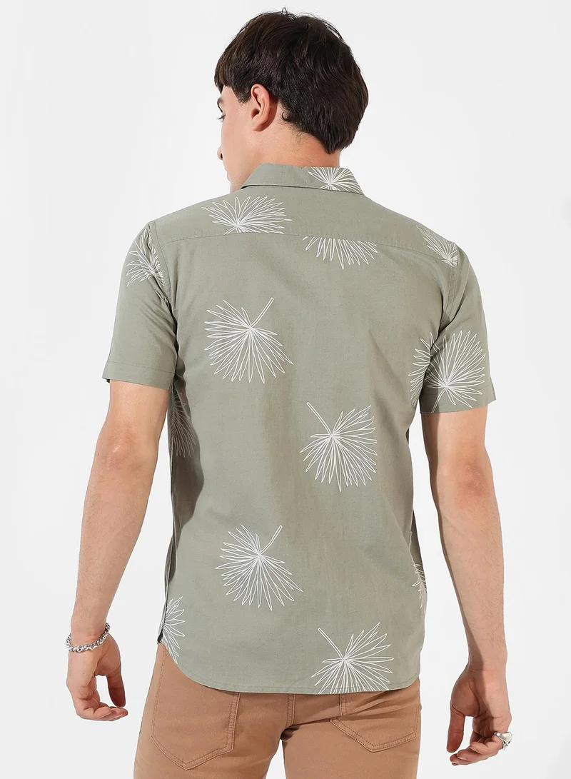 Campus Sutra Men's Sage Green Printed Regular Fit Casual Shirt