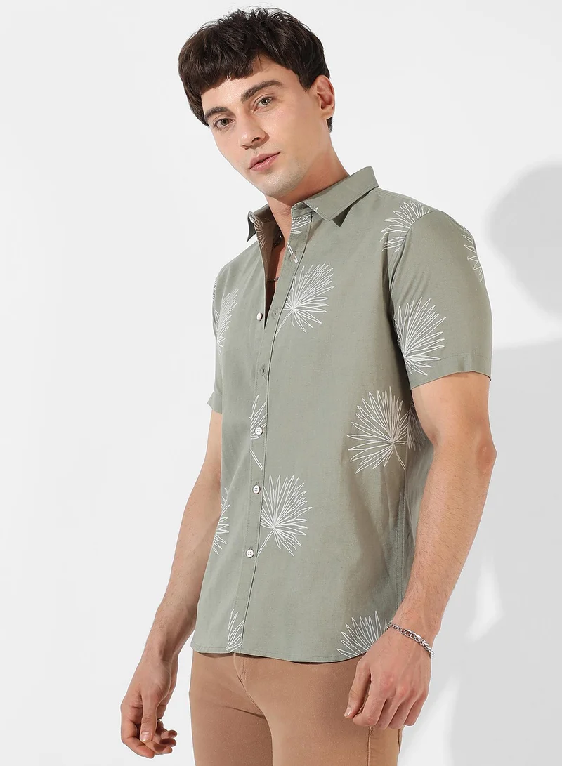 Campus Sutra Men's Sage Green Printed Regular Fit Casual Shirt