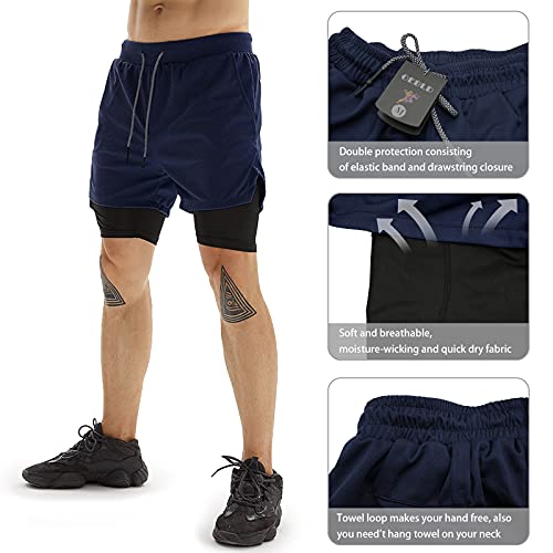 OEBLD Gym Shorts Men for Running, Training, Mens Athletic Workout Shorts with Compression Mesh Liner, Quick Dry, Lightweight, Phone Pocket, Towel Loop, 7inch Navy Blue - Image 5