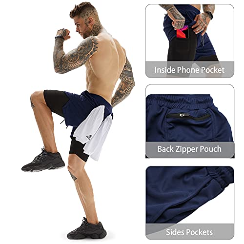 OEBLD Gym Shorts Men for Running, Training, Mens Athletic Workout Shorts with Compression Mesh Liner, Quick Dry, Lightweight, Phone Pocket, Towel Loop, 7inch Navy Blue - Image 4