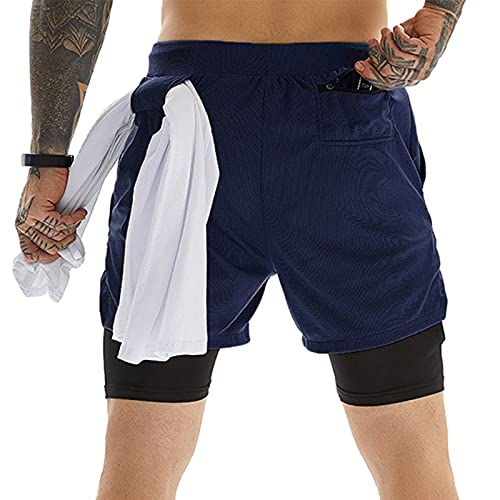 OEBLD Gym Shorts Men for Running, Training, Mens Athletic Workout Shorts with Compression Mesh Liner, Quick Dry, Lightweight, Phone Pocket, Towel Loop, 7inch Navy Blue - Image 2
