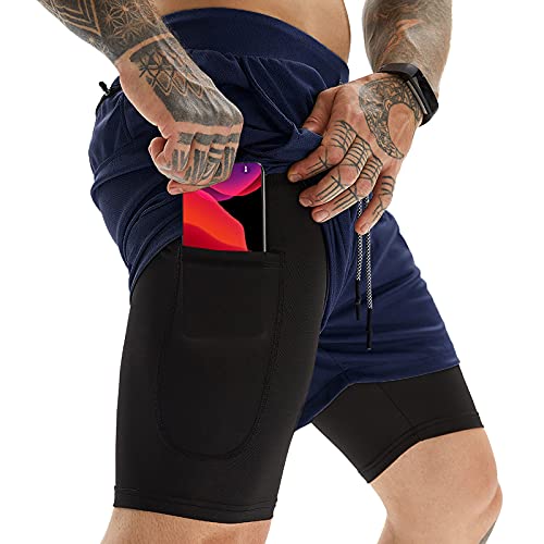 OEBLD Gym Shorts Men for Running, Training, Mens Athletic Workout Shorts with Compression Mesh Liner, Quick Dry, Lightweight, Phone Pocket, Towel Loop, 7inch Navy Blue - Image 1