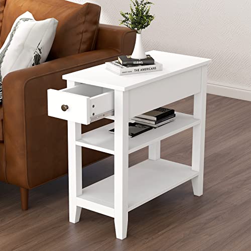 ChooChoo Side Table Living Room Narrow End Table with Drawer and Shelf 3Tier Sofa End Table for Small Space White