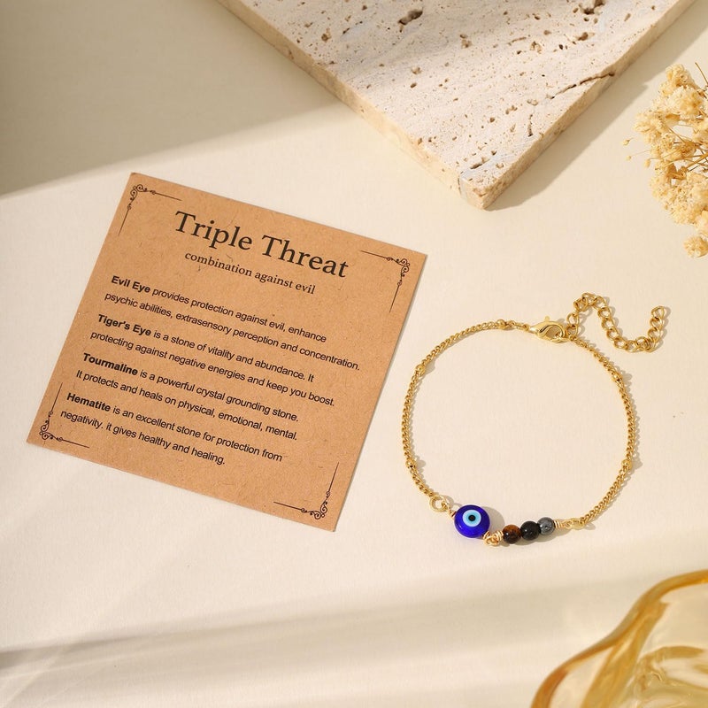 AULSIEY Evil Eye Bracelets for Women, Evil Eye Jewelry Anklet Beaded Bracelet, Triple Empath Protection Bracelet for Women, Tiger Chakra Eye Protection Healing Crystal Bracelets - Image 4