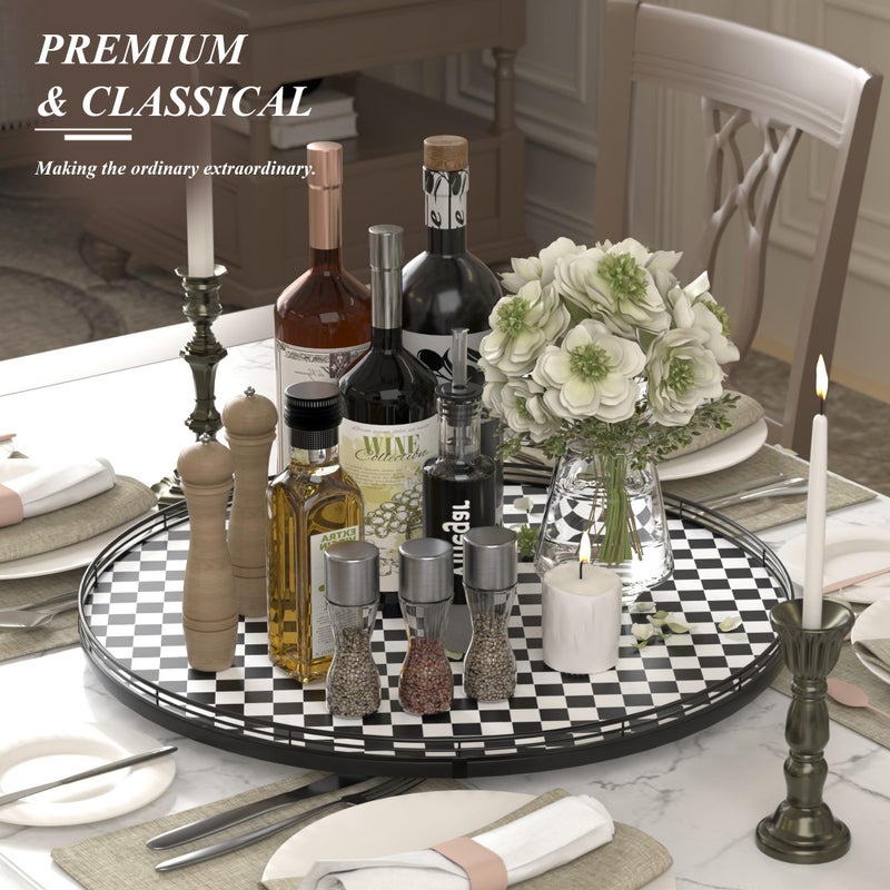 AMH 24" Black and White Kitchen Lazy Susan Turntable, Round Checkered Decorative Tray, Large Lazy Susan for Dining Table Centerpiece, Pantry, Kitchen, Bathroom, Countertop, Cupboard, Home Decor - Image 3
