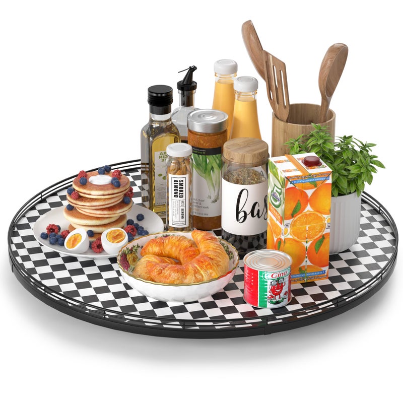 AMH 24" Black and White Kitchen Lazy Susan Turntable, Round Checkered Decorative Tray, Large Lazy Susan for Dining Table Centerpiece, Pantry, Kitchen, Bathroom, Countertop, Cupboard, Home Decor - Image 1