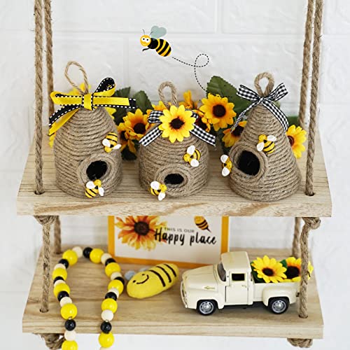 CRCZK Rustic Bumble Bee Hive Decor - 3 Pack Natural Bee House, Spring/Summer Farmhouse Kitchen Table Tiered Tray Decor - Image 3