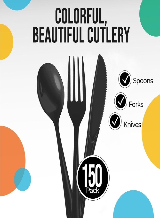Party Solids Black Plastic Silverware Heavy Duty 150 Pcs Black Plastic Cutlery Sets, Utensil Sets, 50 Of Each Forks, Knives & Spoons Disposable Cutlery Set, Flatware Set For Party Supplies Party Solids - Image 2
