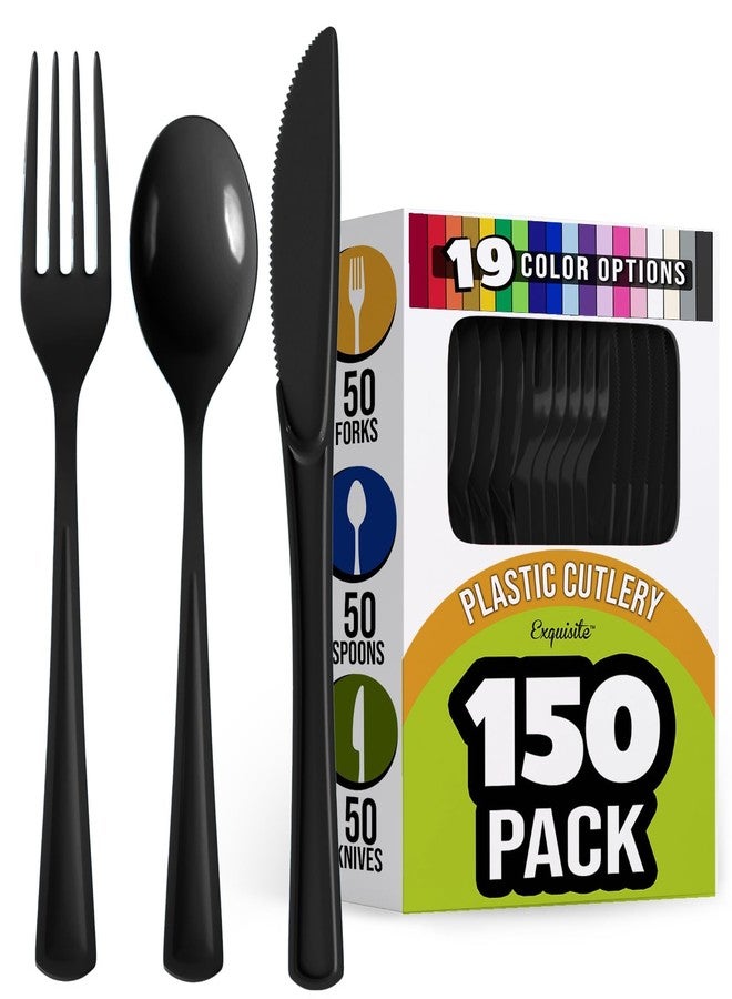 Party Solids Black Plastic Silverware Heavy Duty 150 Pcs Black Plastic Cutlery Sets, Utensil Sets, 50 Of Each Forks, Knives & Spoons Disposable Cutlery Set, Flatware Set For Party Supplies Party Solids - Image 1