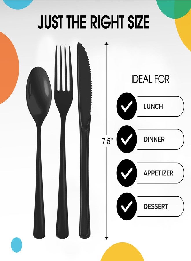 Party Solids Black Plastic Silverware Heavy Duty 150 Pcs Black Plastic Cutlery Sets, Utensil Sets, 50 Of Each Forks, Knives & Spoons Disposable Cutlery Set, Flatware Set For Party Supplies Party Solids - Image 3