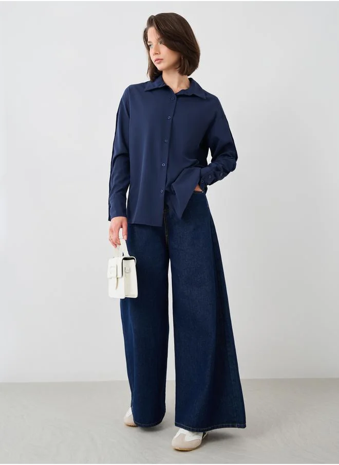 تايك تو Take Two Solid Spread Collar Oversized Shirt