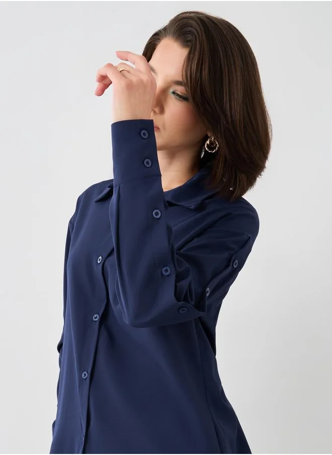 تايك تو Take Two Solid Spread Collar Oversized Shirt