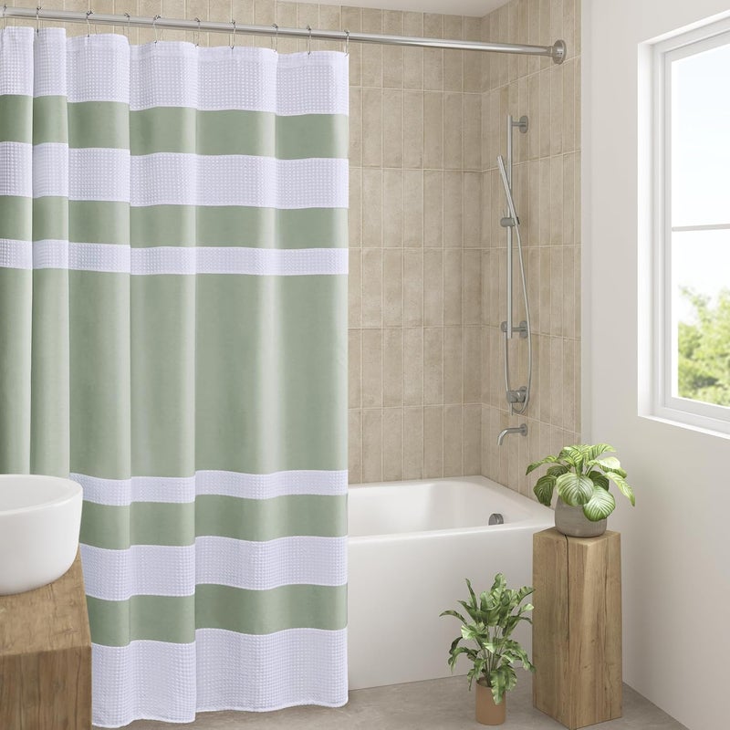 madison park Shower Curtain Spa Waffle Weave Shower Curtain for Bathroom 3M Scotchgard Moisture Management, Spa Quality Modern Shower Curtains for Bathroom, Standard 72x72 Sage Green - Image 1