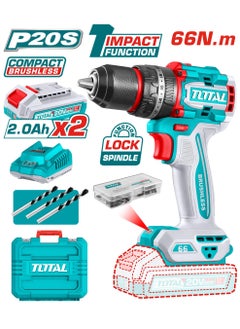 TOTAL Total Compact Brushless Cordless Impact Drill 20V – 66Nm Max Torque, 2 Speed Gear, 22+1+1 Torque Settings, 47 Pcs Accessories & LED Work Light – Includes 2 x 2.0Ah Batteries and Charger  - Image 1