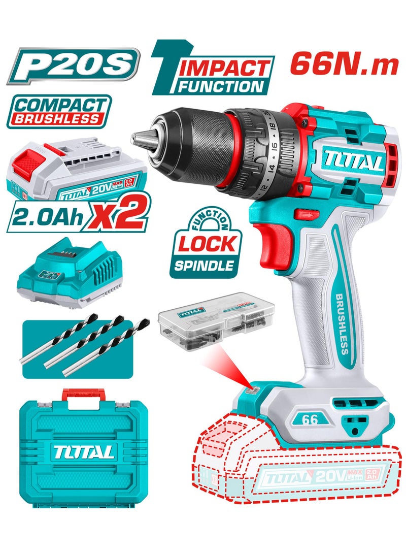 TOTAL Total Compact Brushless Cordless Impact Drill 20V – 66Nm Max Torque, 2 Speed Gear, 22+1+1 Torque Settings, 47 Pcs Accessories & LED Work Light – Includes 2 x 2.0Ah Batteries and Charger  - Image 1