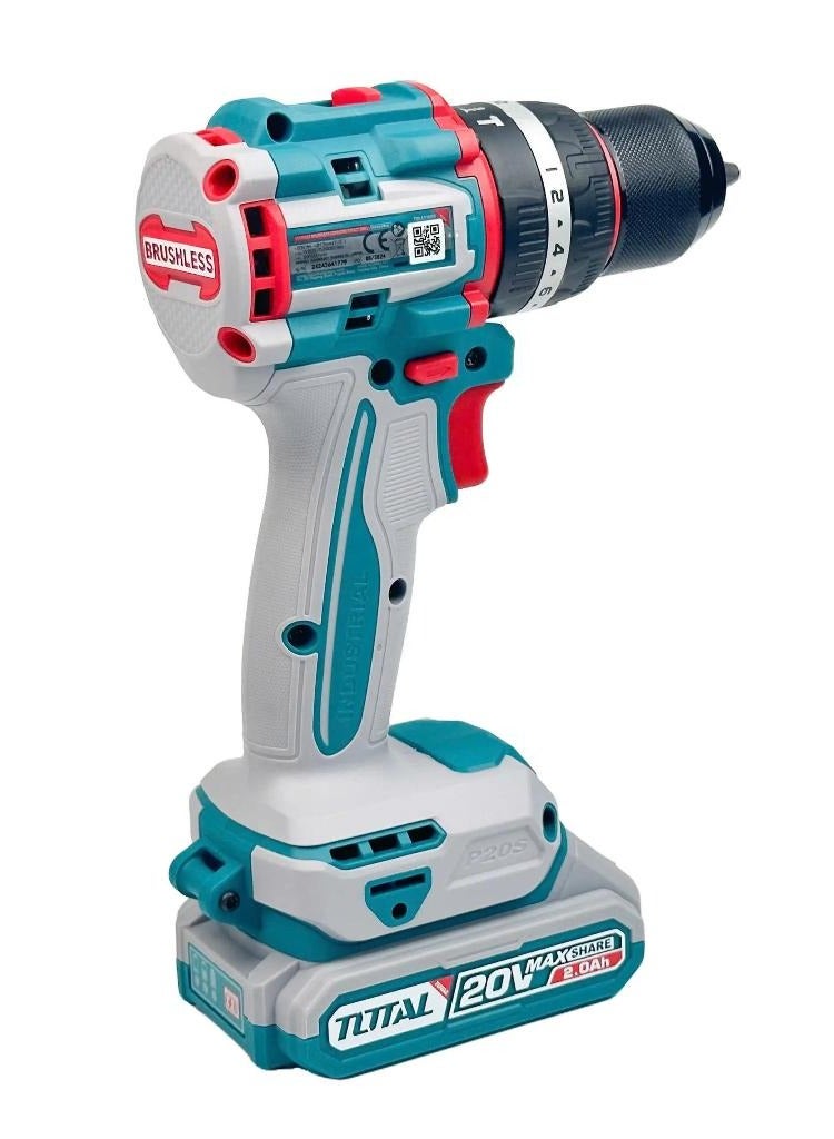 TOTAL Total Compact Brushless Cordless Impact Drill 20V – 66Nm Max Torque, 2 Speed Gear, 22+1+1 Torque Settings, 47 Pcs Accessories & LED Work Light – Includes 2 x 2.0Ah Batteries and Charger  - Image 2