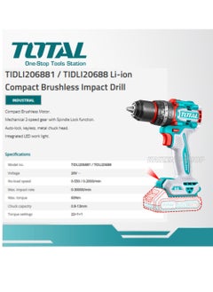 TOTAL Total Compact Brushless Cordless Impact Drill 20V – 66Nm Max Torque, 2 Speed Gear, 22+1+1 Torque Settings, 47 Pcs Accessories & LED Work Light – Includes 2 x 2.0Ah Batteries and Charger  - Image 4