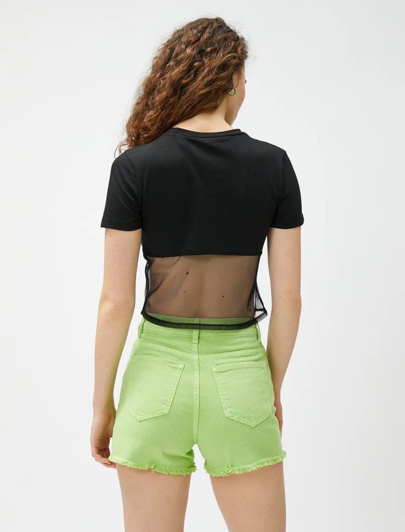 KOTON Cotton Printed T-Shirt with Tulle Corset Waist, Crew Neck, Short Sleeves