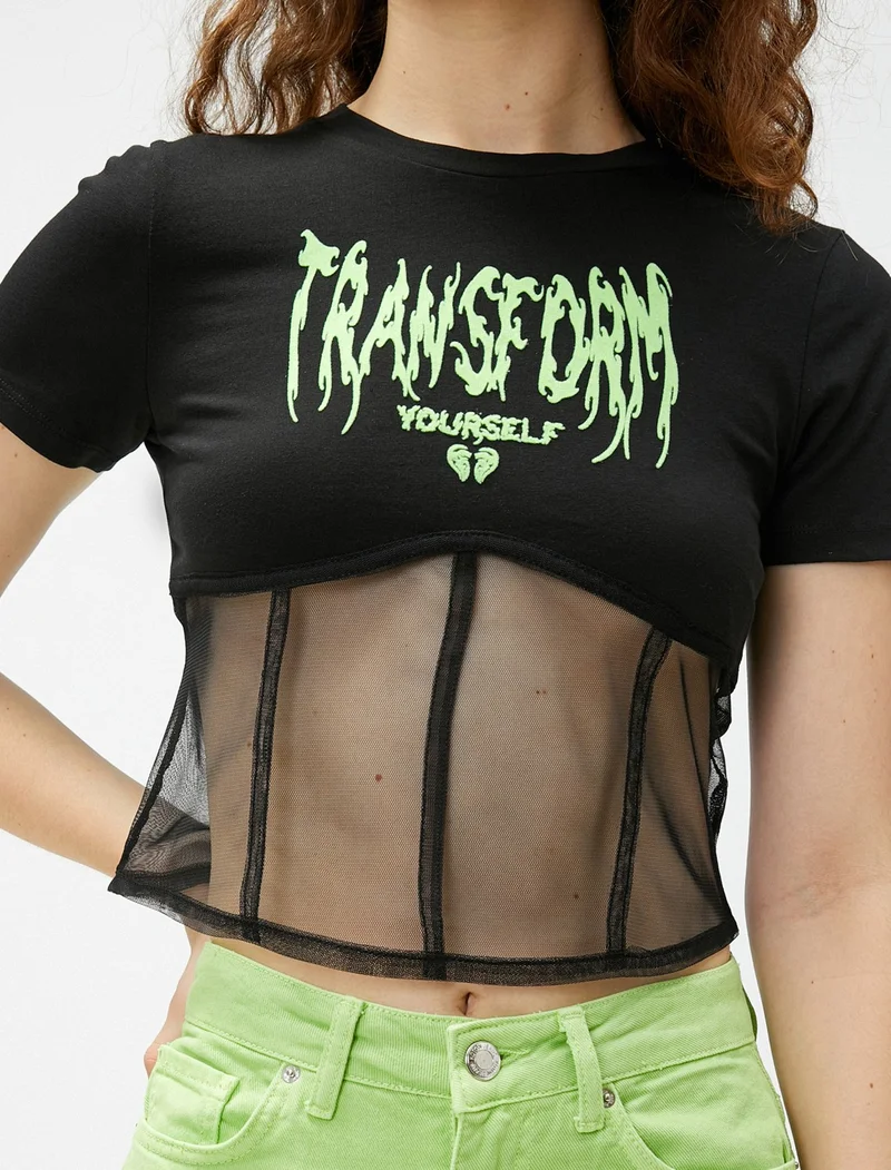 KOTON Cotton Printed T-Shirt with Tulle Corset Waist, Crew Neck, Short Sleeves