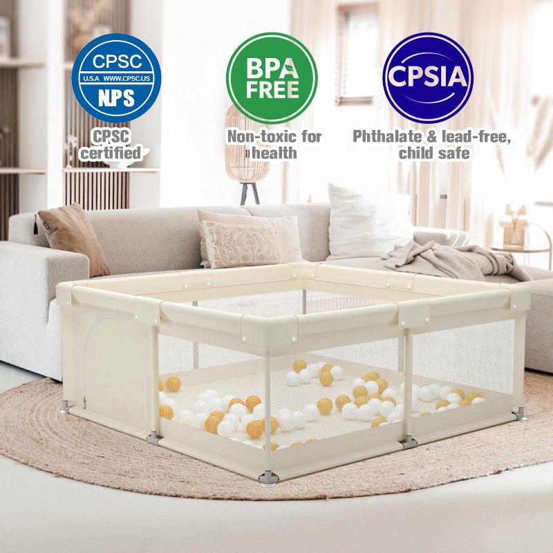 ZEEBABA Beige Baby Playpen 59x59 in, Playpen for Babies and Toddlers, Play Pen for Kids, Play Yard for Infants with Gate (Without mat) - Image 2