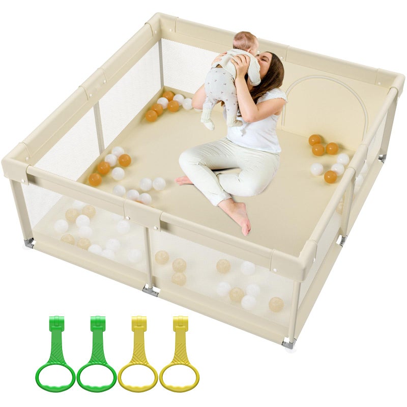 ZEEBABA Beige Baby Playpen 59x59 in, Playpen for Babies and Toddlers, Play Pen for Kids, Play Yard for Infants with Gate (Without mat) - Image 1
