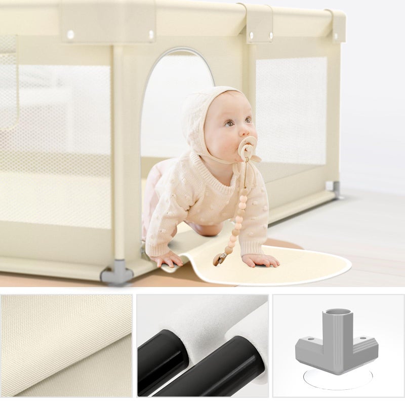 ZEEBABA Beige Baby Playpen 59x59 in, Playpen for Babies and Toddlers, Play Pen for Kids, Play Yard for Infants with Gate (Without mat) - Image 3