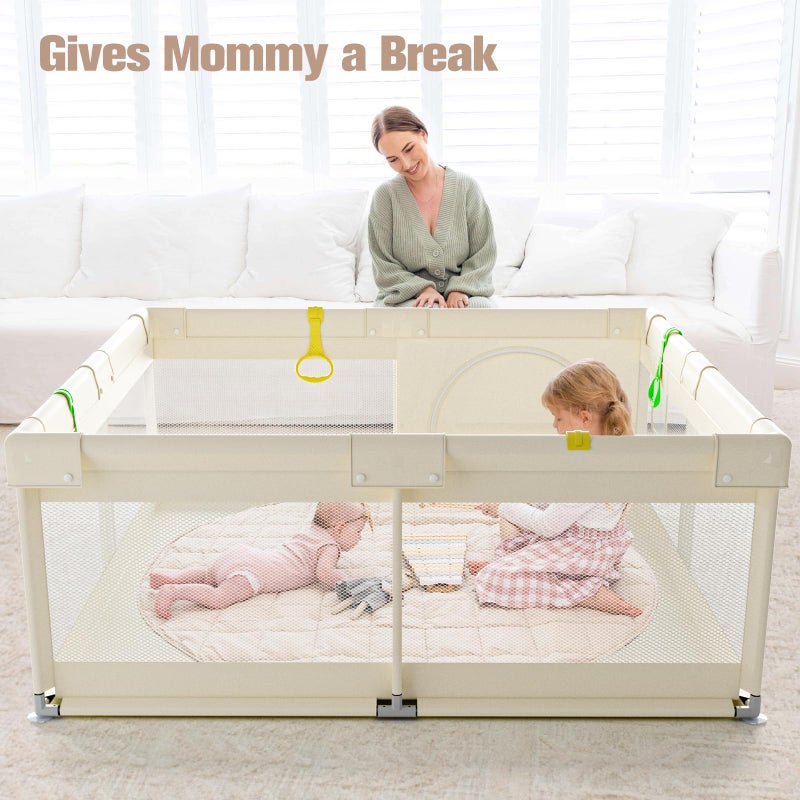 ZEEBABA Beige Baby Playpen 59x59 in, Playpen for Babies and Toddlers, Play Pen for Kids, Play Yard for Infants with Gate (Without mat) - Image 5