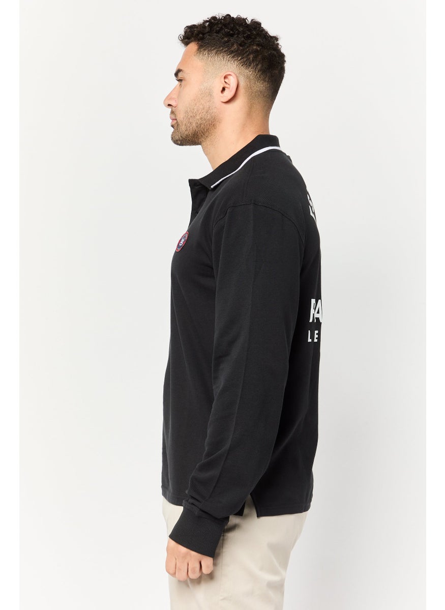 Paul Frank - Men Regular Fit Long Sleeve Brand Logo Polo Shirt, Black - Image 1