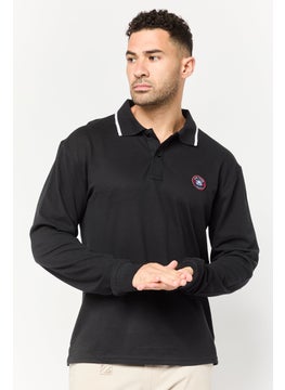 Men Regular Fit Long Sleeve Brand Logo Polo Shirt, Black