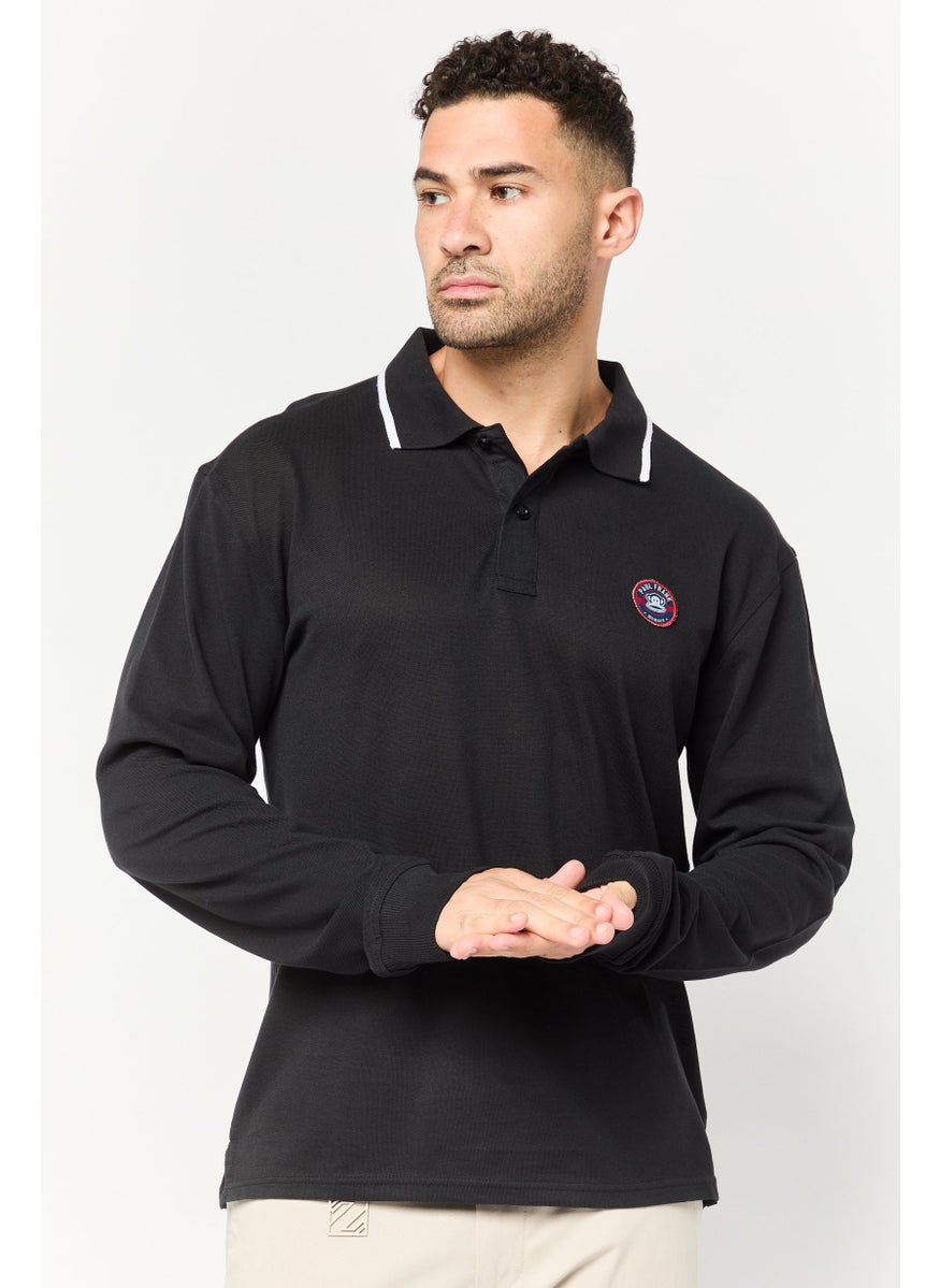 Paul Frank - Men Regular Fit Long Sleeve Brand Logo Polo Shirt, Black - Image 1