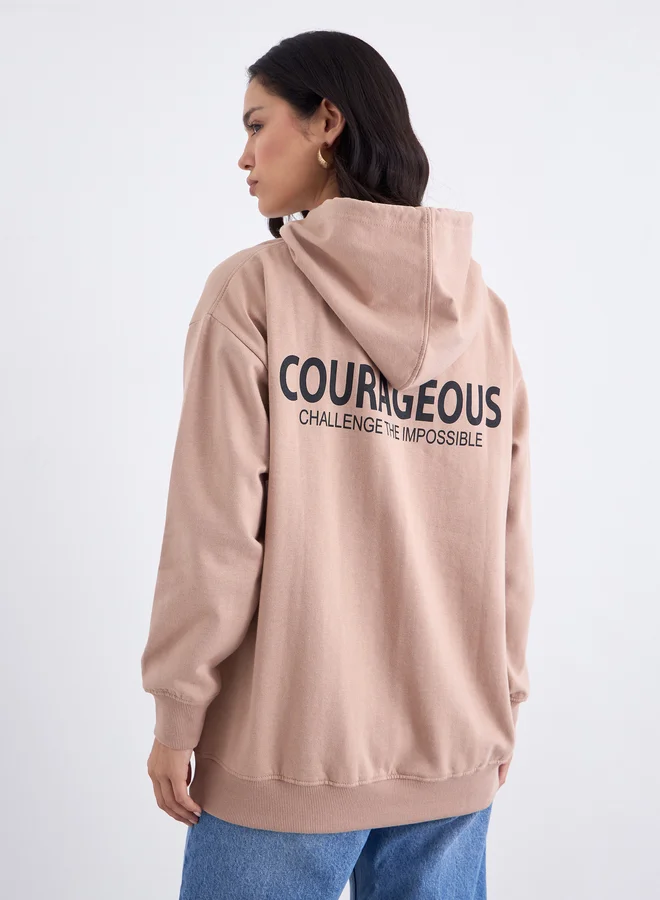 ستايلي Styli Slogan Print Longline Regular Fit Hoodie