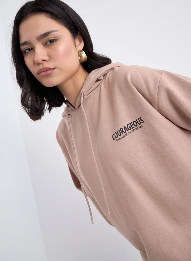ستايلي Styli Slogan Print Longline Regular Fit Hoodie