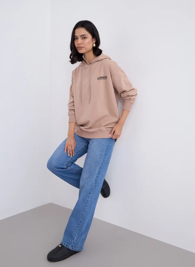 Styli Styli Slogan Print Longline Regular Fit Hoodie