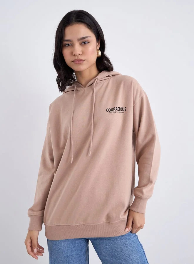 Styli Slogan Print Longline Regular Fit Hoodie