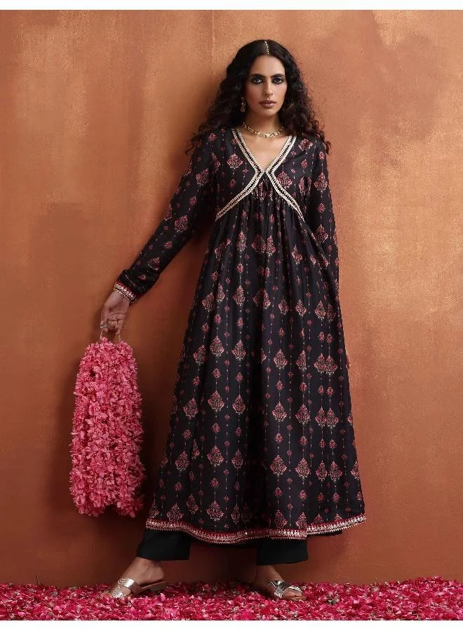 Black Print Flared Anarkali Kurta Set