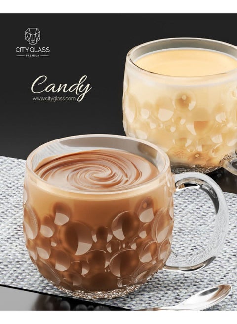 City Glass Candy Tea Mug Set | 3 Pieces Large Tea Cups for Tea, Cappuccino or Nescafe | Clear and Elegant 310 ml