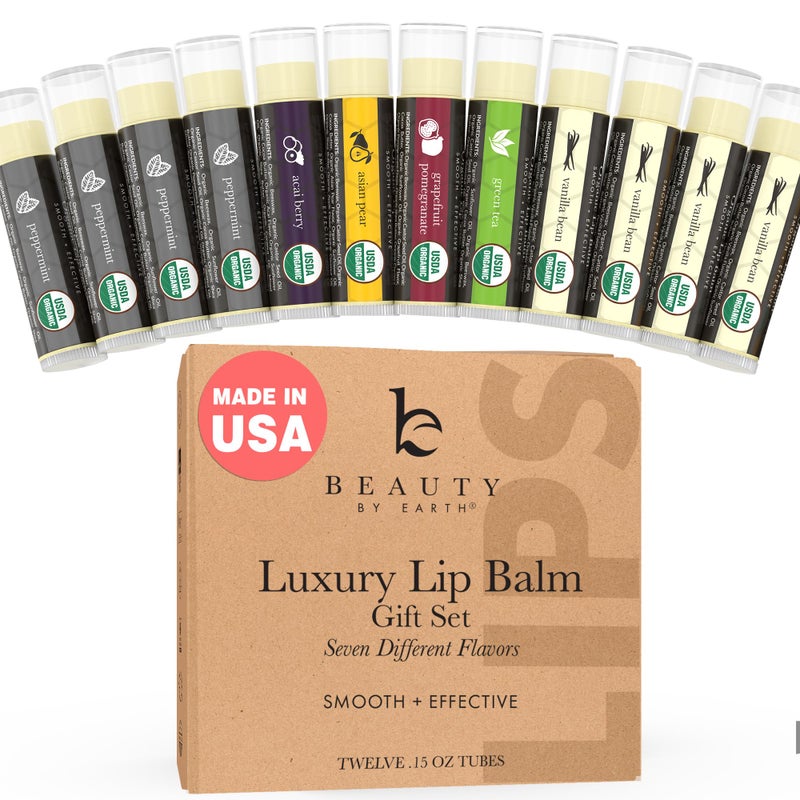 Beauty by Earth USDA Organic Lip Balm  USA Made with Natural Ingredients 12 Pack Multi Flavor Lips Moisturizer Moisturizing Lip Care Beauty  Birthday Gifts Moisturizer Chapstick Bulk Care for Dry Lips