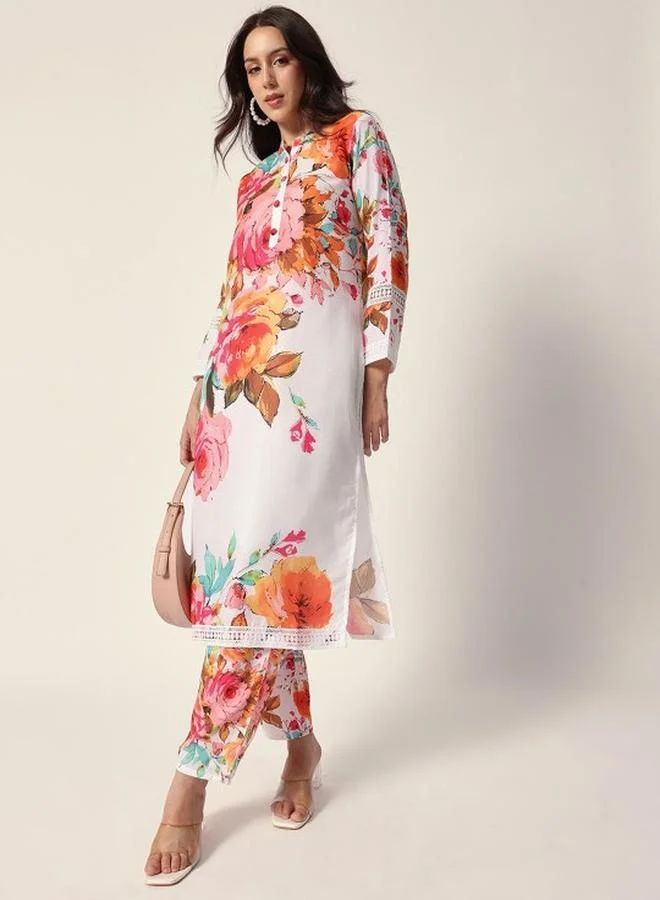 ISHIN Women's Off White Cotton Blend Embellished Tunic Top With Ankle Palazzo Flared 2 Peice Kurta Set