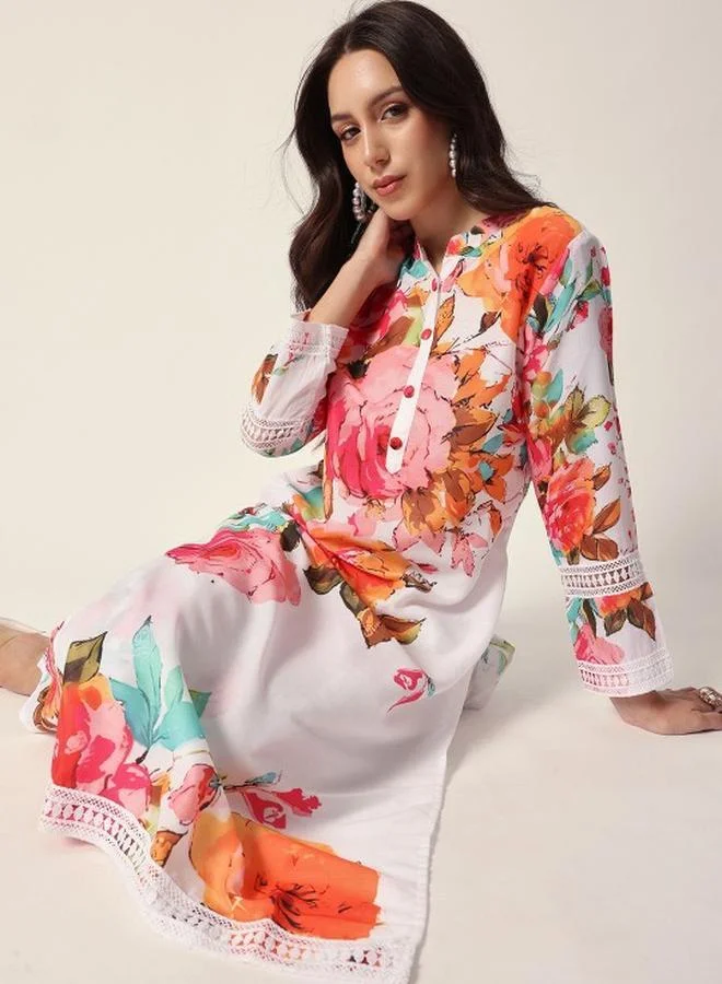 ISHIN Women's Off White Cotton Blend Embellished Tunic Top With Ankle Palazzo Flared 2 Peice Kurta Set