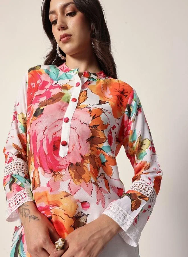 ISHIN Women's Off White Cotton Blend Embellished Tunic Top With Ankle Palazzo Flared 2 Peice Kurta Set