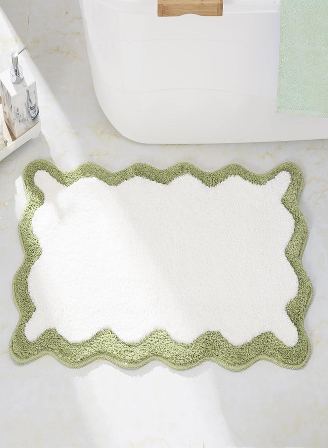 DyeFury Luxury Cute Bathroom Rugs, White Bath Mat W/Green Scalloped Edge, Microfiber Aesthetic Trendy Funky Fun Preppy Rug, Extra Soft Bathroom Mat Non-Slip for Tub, Shower, and Bath Room 30'' x 20'' - Image 2
