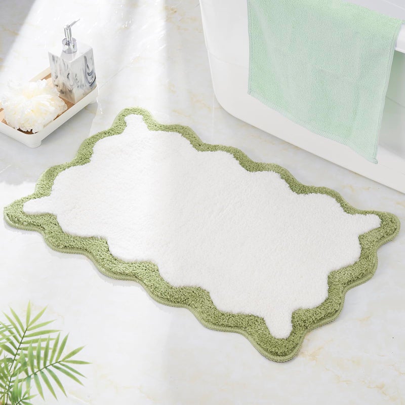 DyeFury Luxury Cute Bathroom Rugs, White Bath Mat W/Green Scalloped Edge, Microfiber Aesthetic Trendy Funky Fun Preppy Rug, Extra Soft Bathroom Mat Non-Slip for Tub, Shower, and Bath Room 30'' x 20'' - Image 1