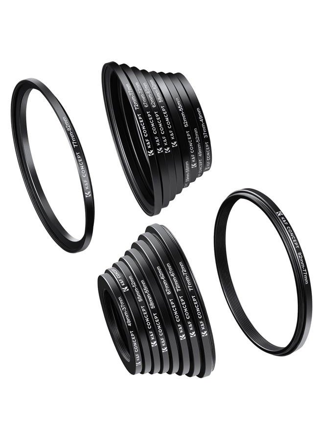 K&F Concept 18 PCS Filter Ring Adapter Set, Camera Lens Filter Aluminum Alloy 9 PCS Step-up and 9PCS Step-down Rings Kit, Black - Image 1