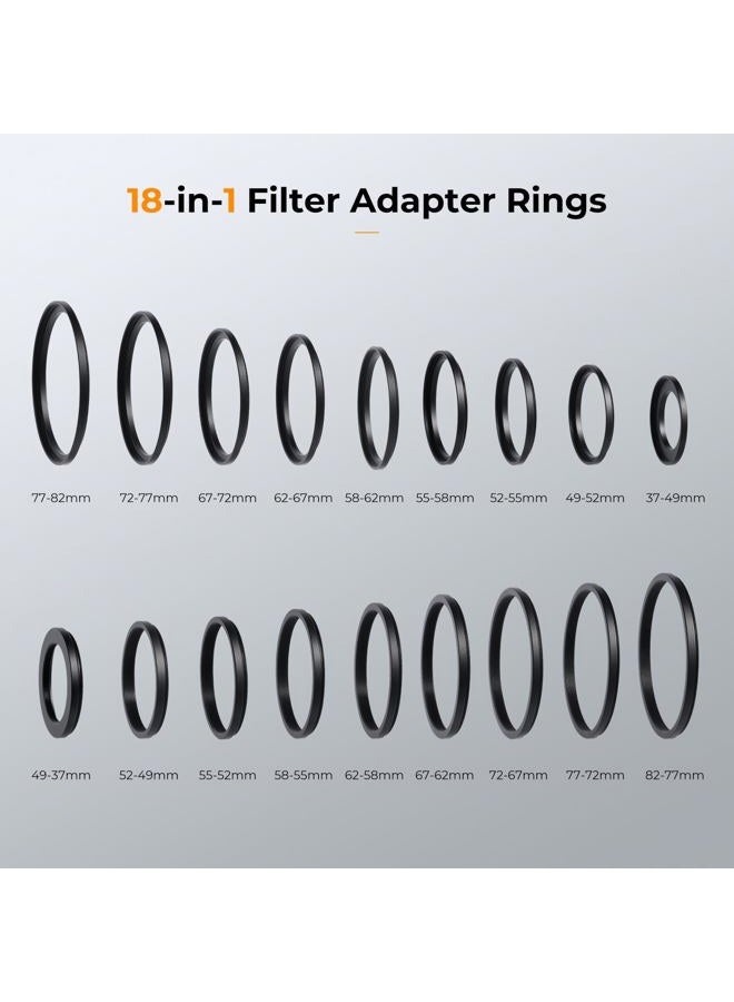 K&F Concept 18 PCS Filter Ring Adapter Set, Camera Lens Filter Aluminum Alloy 9 PCS Step-up and 9PCS Step-down Rings Kit, Black - Image 2