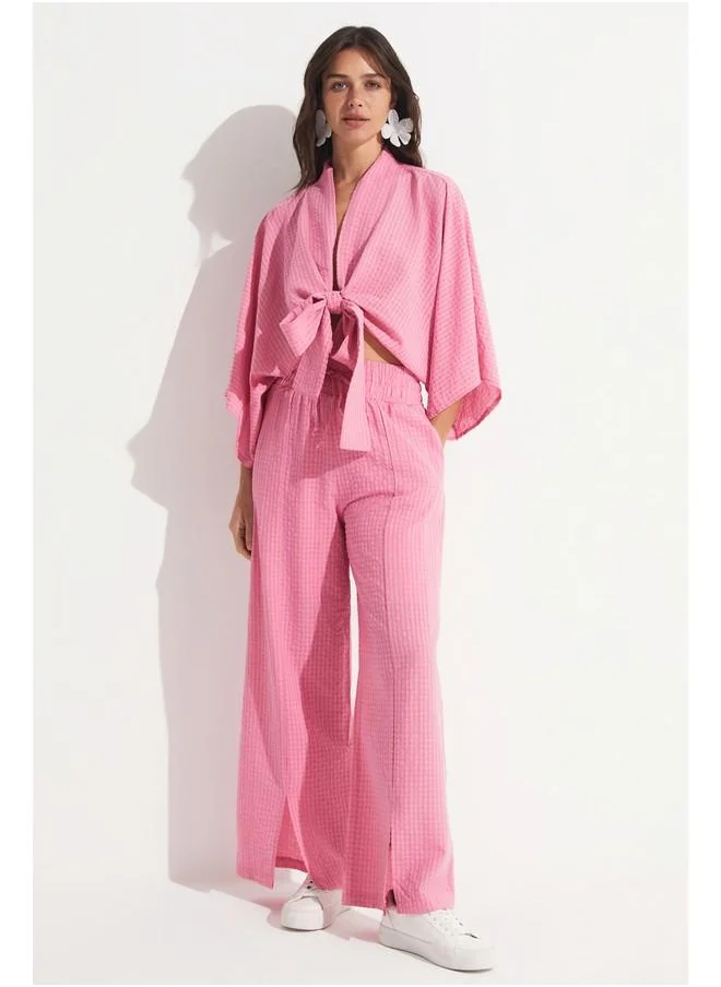 JUNE June Blouse Tie Detailed Trouser Set Pink