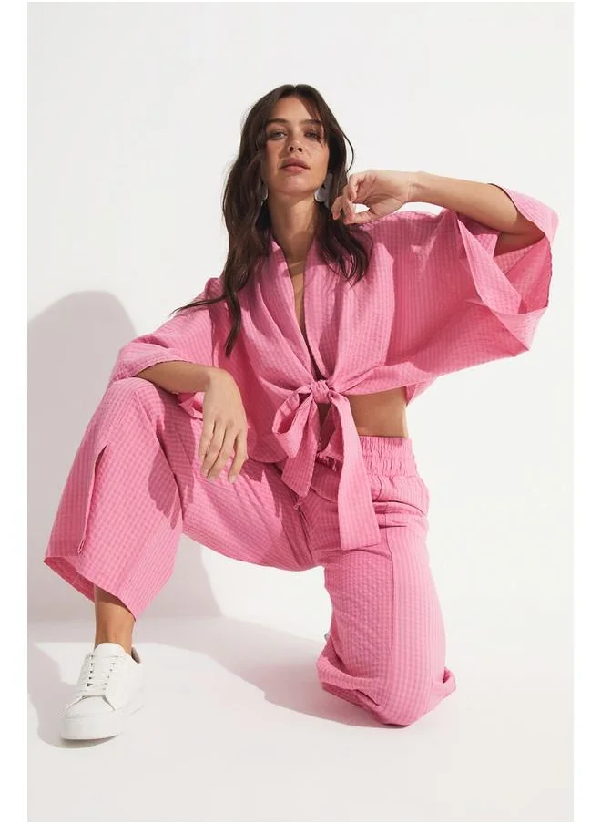 JUNE June Blouse Tie Detailed Trouser Set Pink