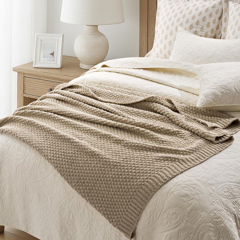 EVERGRACEHOME Chunky Chenille Knit Throw Blanket for Couch, Soft Luxurious Moss Stitch Blankets for Bed, Cozy Decorative Farmhouse Knitted Throws for Sofa, Sand Dune, 50" x 60" - Image 2