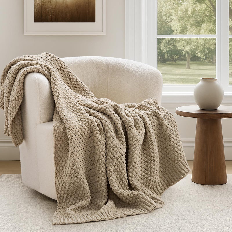 EVERGRACEHOME Chunky Chenille Knit Throw Blanket for Couch, Soft Luxurious Moss Stitch Blankets for Bed, Cozy Decorative Farmhouse Knitted Throws for Sofa, Sand Dune, 50" x 60" - Image 1