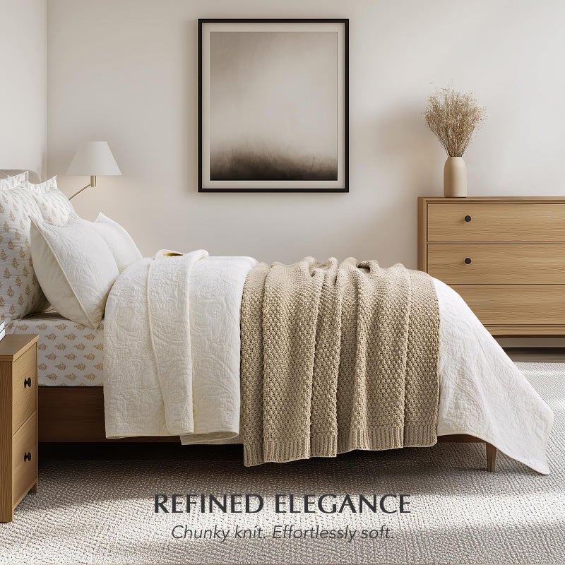 EVERGRACEHOME Chunky Chenille Knit Throw Blanket for Couch, Soft Luxurious Moss Stitch Blankets for Bed, Cozy Decorative Farmhouse Knitted Throws for Sofa, Sand Dune, 50" x 60" - Image 4